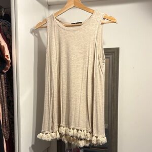 Kim & Cami Beige Tank Top with Tassel Hem